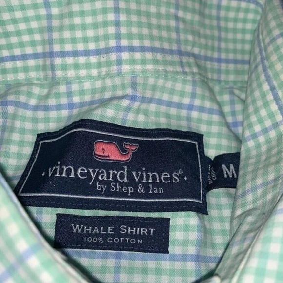 Vineyard Vines Whale Shirt Button Down Preppy Green Gingham with Blue Size Med - Picture 3 of 7